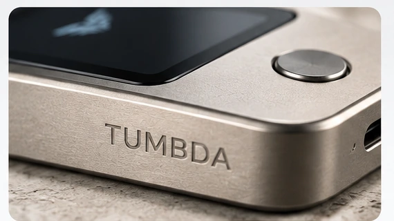 Close-up product image showing TUMBDA engraved into the hardware wallet body.
